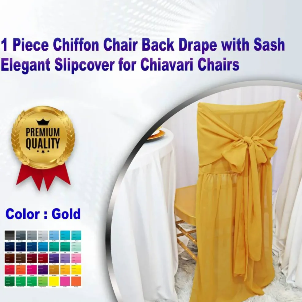 1 Piece Gold Chiffon Chair Back Drape with Sash Elegant Slipcover for Chiavari Chairs