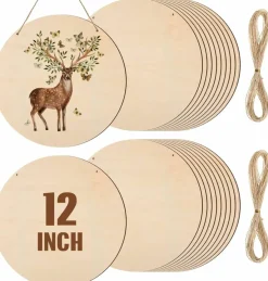 20-Piece 12-Inch Wood Rounds for Crafts ā Blank Unfinished Wooden Circle Discs with Pre-Drilled Holes and Rope for DIY Painting, Door Hangers, Christmas & Home Decor