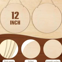 20-Piece 12-Inch Wood Rounds for Crafts – Blank Unfinished Wooden Circle Discs with Pre-Drilled Holes and Rope for DIY Painting, Door Hangers, Christmas & Home Decor