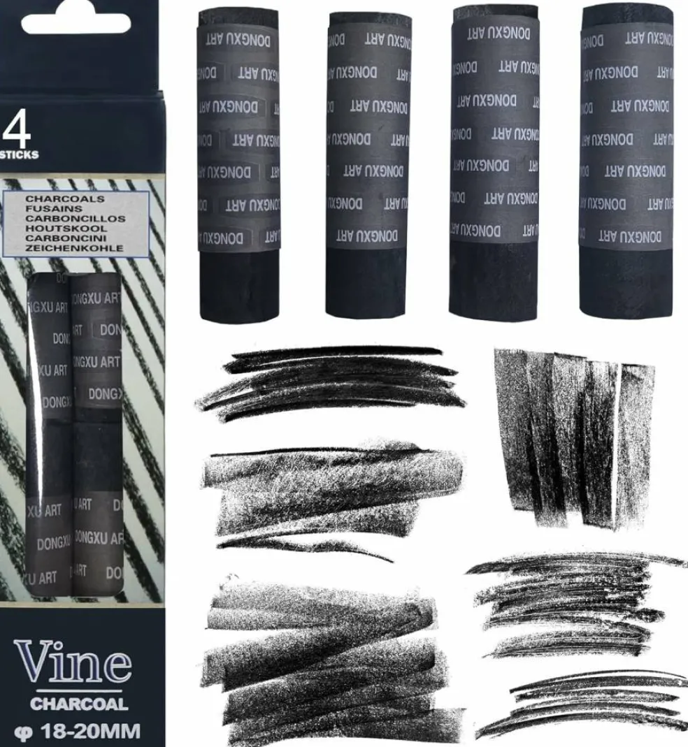 4-Piece Jumbo Vine Charcoal Sticks 18-20mm – Natural Charcoal for Sketching & Shading