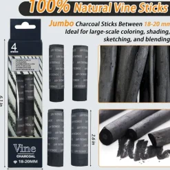 4-Piece Jumbo Vine Charcoal Sticks 18-20mm – Natural Charcoal for Sketching & Shading