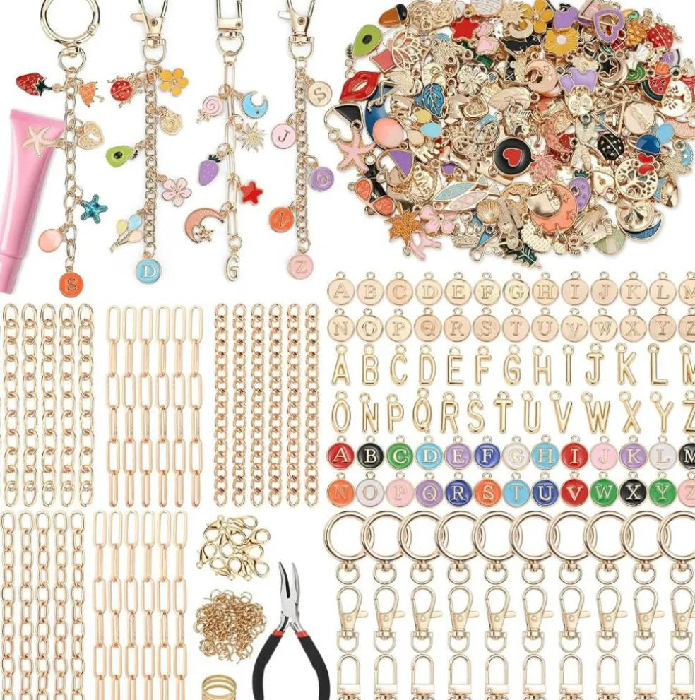 500-Piece Lip Gloss Keychain Making Kit – DIY Craft Set with Charms, Key Chain Hooks, Jump Rings, Lobster Clasps, Chains & Tools for Custom Keychains