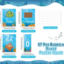 57-Piece Ocean Themed Alphabet Number & Shapes Bulletin Board Set – Under The Sea Classroom Decor with Letters, Numbers (0–10), Colors, Shapes & Adhesive Dots for Preschool Learning