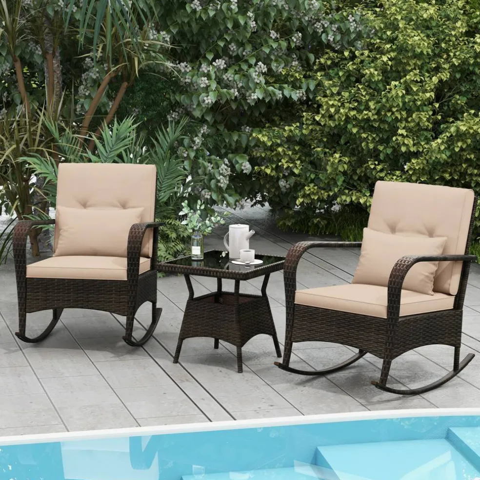 3 Piece Outdoor Rocking Set with Tempered Glass Coffee Table for Backyard Poolside