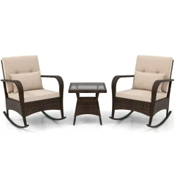 3 Piece Outdoor Rocking Set with Tempered Glass Coffee Table for Backyard Poolside