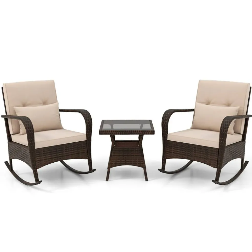 3 Piece Outdoor Rocking Set with Tempered Glass Coffee Table for Backyard Poolside
