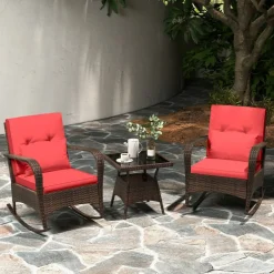 3 Piece Outdoor Rocking Set with Tempered Glass Coffee Table for Backyard Poolside