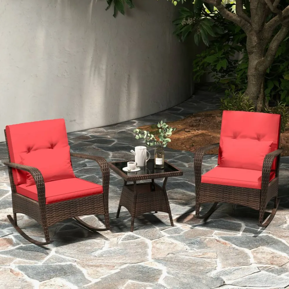 3 Piece Outdoor Rocking Set with Tempered Glass Coffee Table for Backyard Poolside
