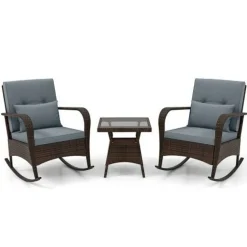 3 Piece Outdoor Rocking Set with Tempered Glass Coffee Table for Backyard Poolside