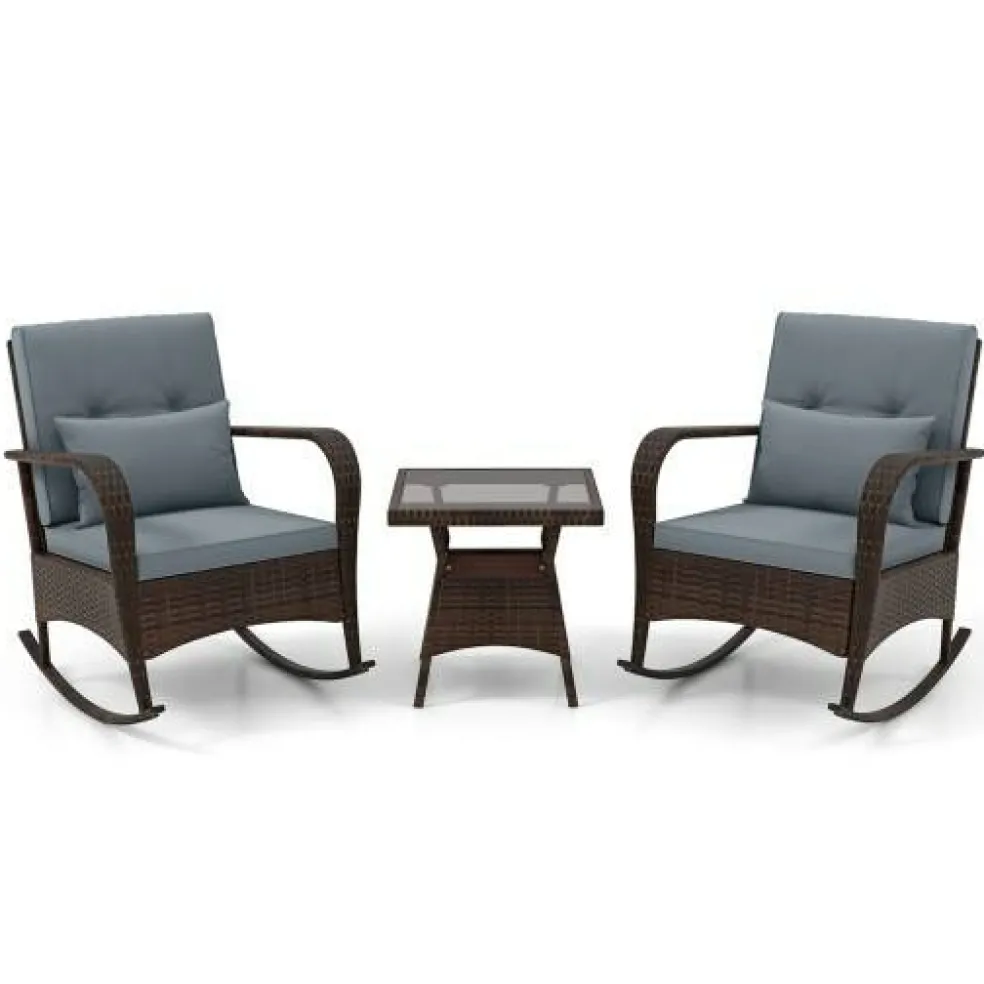3 Piece Outdoor Rocking Set with Tempered Glass Coffee Table for Backyard Poolside