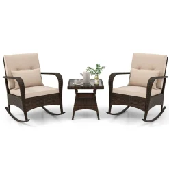 3 Piece Outdoor Rocking Set with Tempered Glass Coffee Table for Backyard Poolside