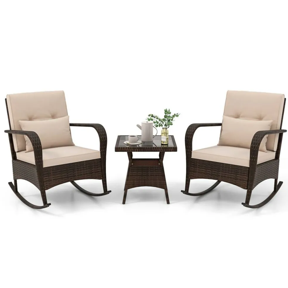 3 Piece Outdoor Rocking Set with Tempered Glass Coffee Table for Backyard Poolside