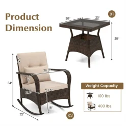 3 Piece Outdoor Rocking Set with Tempered Glass Coffee Table for Backyard Poolside