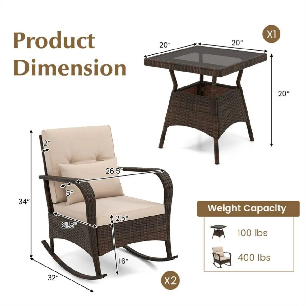 3 Piece Outdoor Rocking Set with Tempered Glass Coffee Table for Backyard Poolside