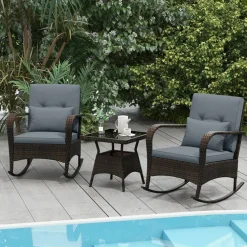 3 Piece Outdoor Rocking Set with Tempered Glass Coffee Table for Backyard Poolside