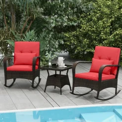 3 Piece Outdoor Rocking Set with Tempered Glass Coffee Table for Backyard Poolside