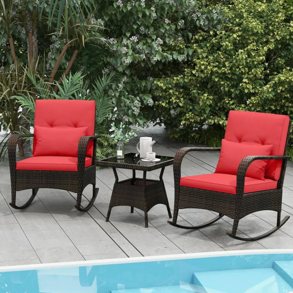 3 Piece Outdoor Rocking Set with Tempered Glass Coffee Table for Backyard Poolside