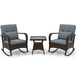 3 Piece Outdoor Rocking Set with Tempered Glass Coffee Table for Backyard Poolside
