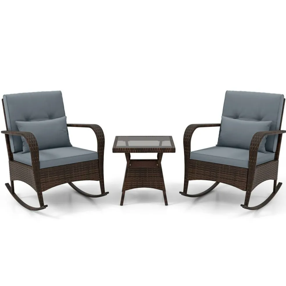 3 Piece Outdoor Rocking Set with Tempered Glass Coffee Table for Backyard Poolside