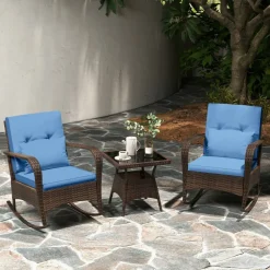 3 Piece Outdoor Rocking Set with Tempered Glass Coffee Table for Backyard Poolside