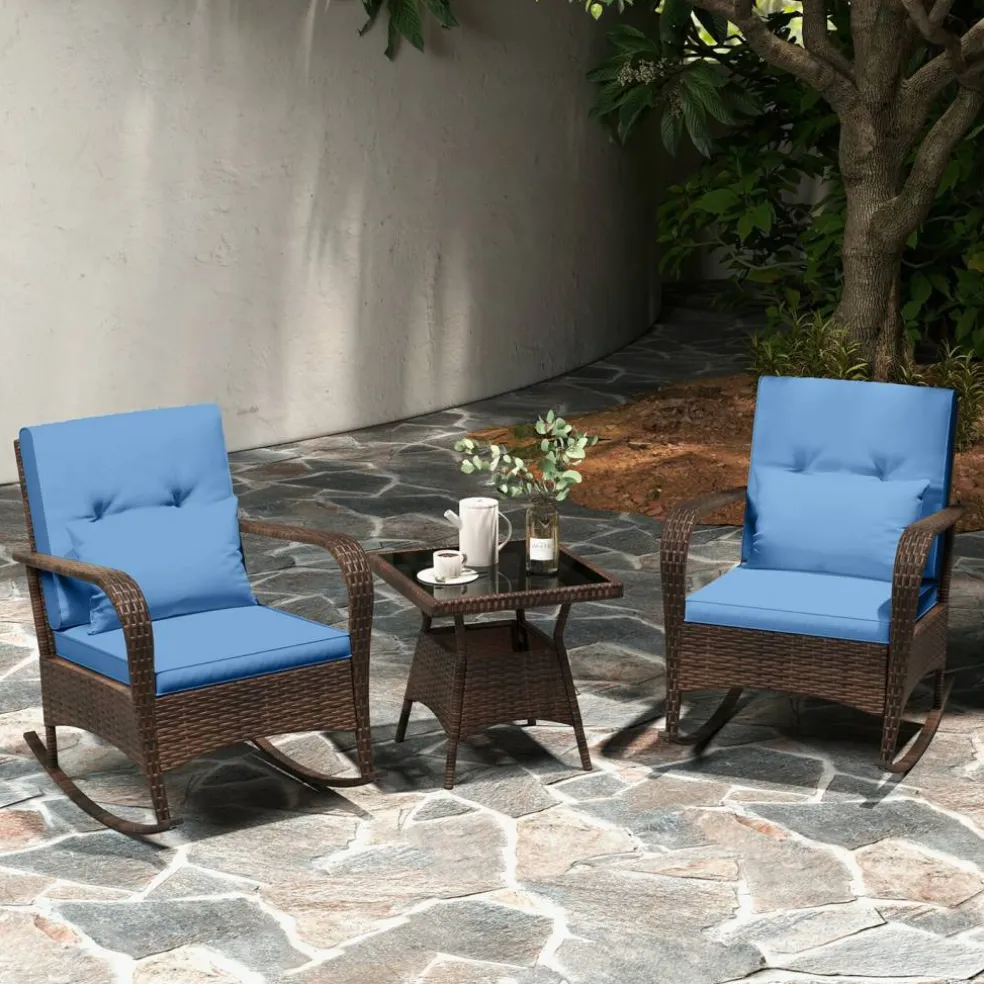 3 Piece Outdoor Rocking Set with Tempered Glass Coffee Table for Backyard Poolside