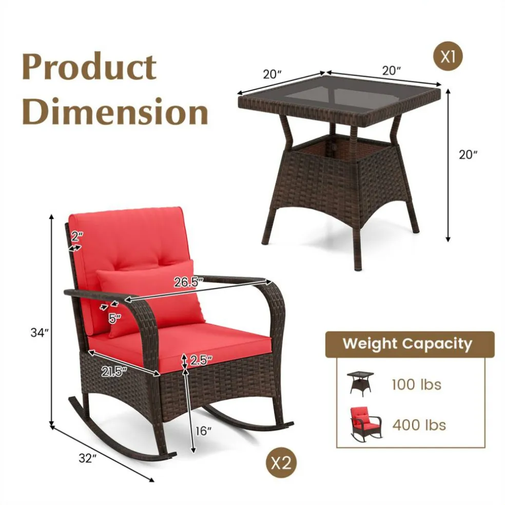 3 Piece Outdoor Rocking Set with Tempered Glass Coffee Table for Backyard Poolside