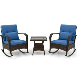 3 Piece Outdoor Rocking Set with Tempered Glass Coffee Table for Backyard Poolside