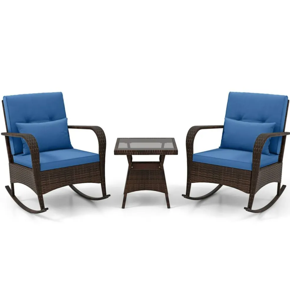 3 Piece Outdoor Rocking Set with Tempered Glass Coffee Table for Backyard Poolside