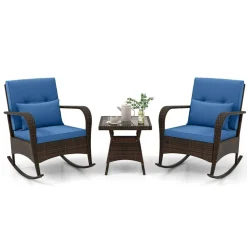 3 Piece Outdoor Rocking Set with Tempered Glass Coffee Table for Backyard Poolside