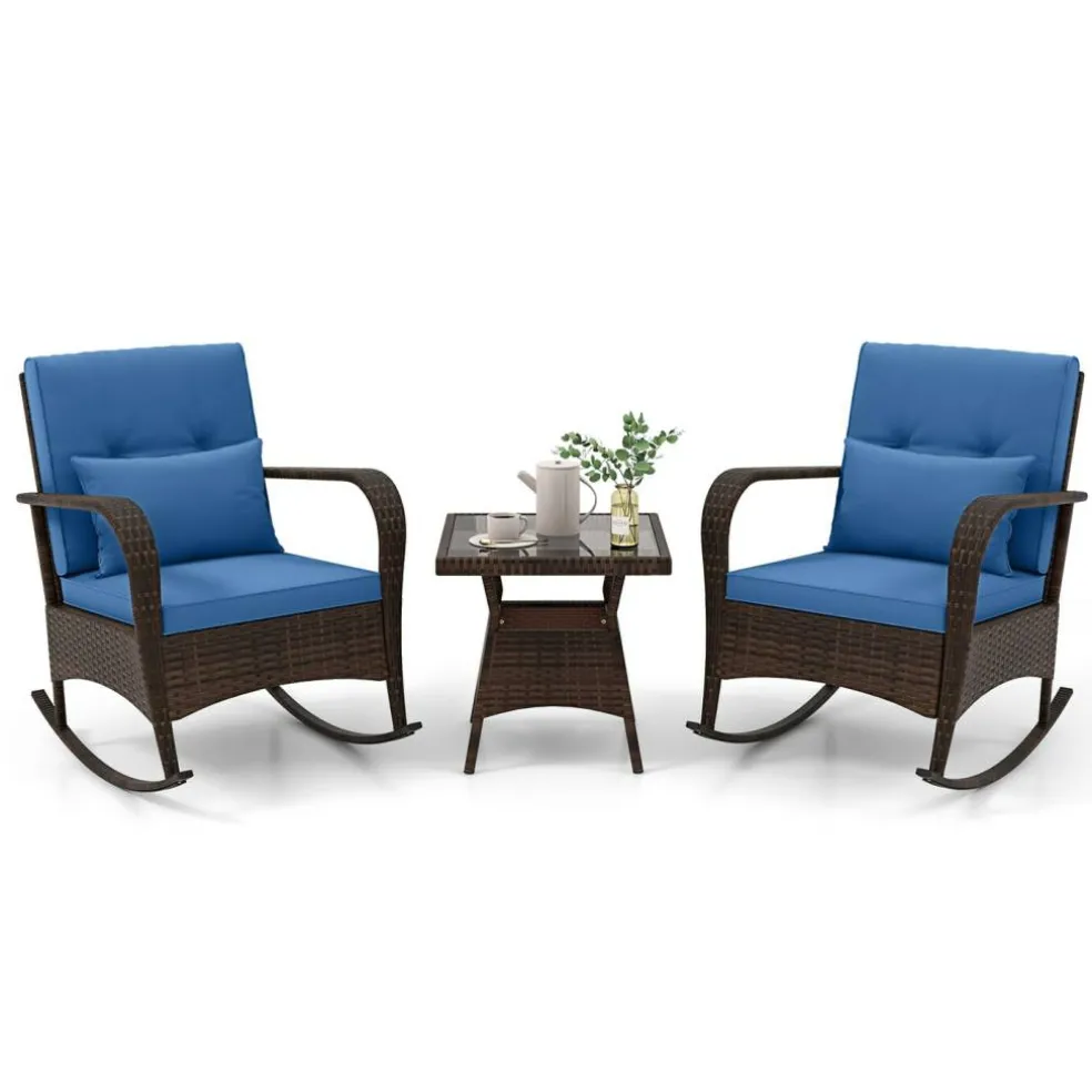 3 Piece Outdoor Rocking Set with Tempered Glass Coffee Table for Backyard Poolside
