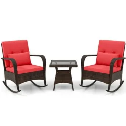 3 Piece Outdoor Rocking Set with Tempered Glass Coffee Table for Backyard Poolside