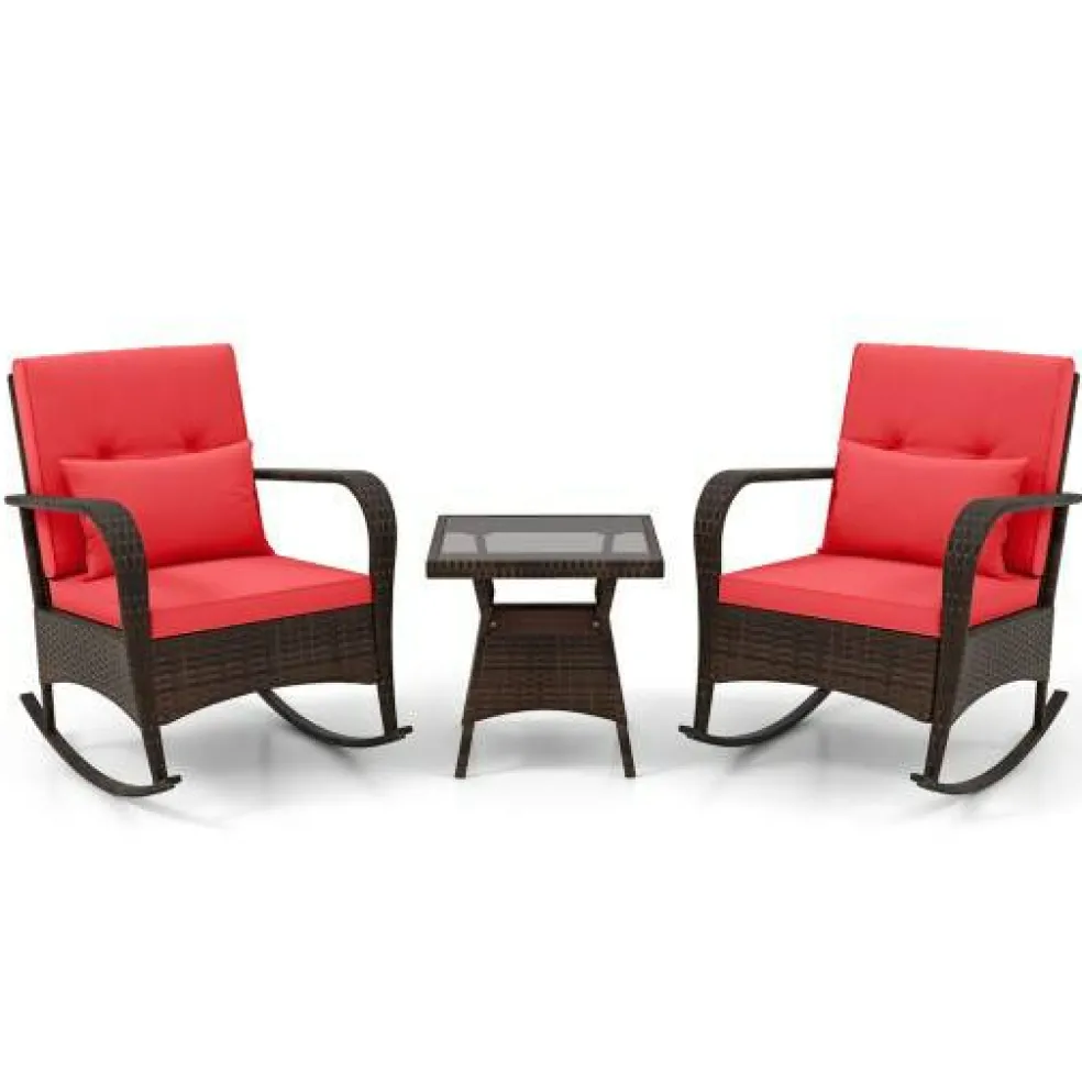 3 Piece Outdoor Rocking Set with Tempered Glass Coffee Table for Backyard Poolside