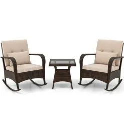 3 Piece Outdoor Rocking Set with Tempered Glass Coffee Table for Backyard Poolside