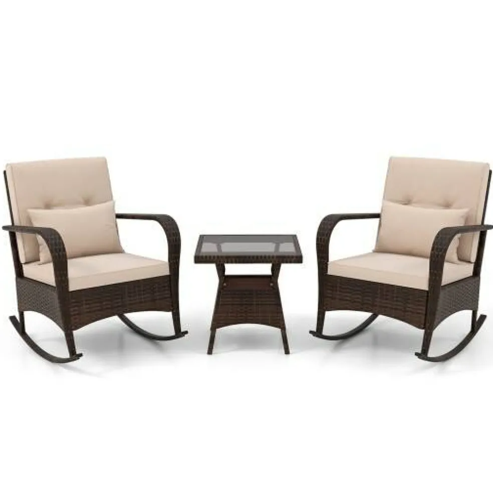 3 Piece Outdoor Rocking Set with Tempered Glass Coffee Table for Backyard Poolside