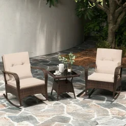 3 Piece Outdoor Rocking Set with Tempered Glass Coffee Table for Backyard Poolside