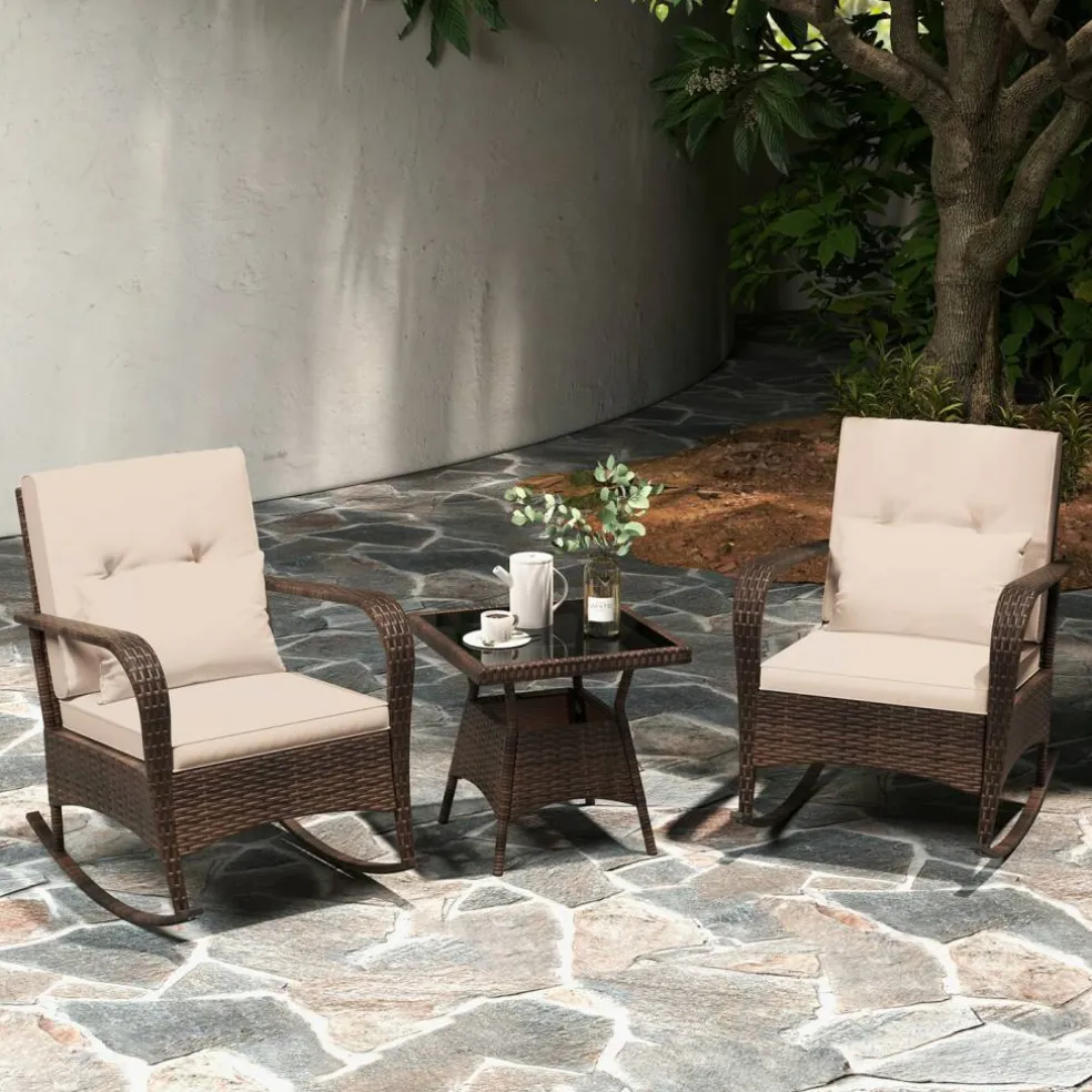 3 Piece Outdoor Rocking Set with Tempered Glass Coffee Table for Backyard Poolside