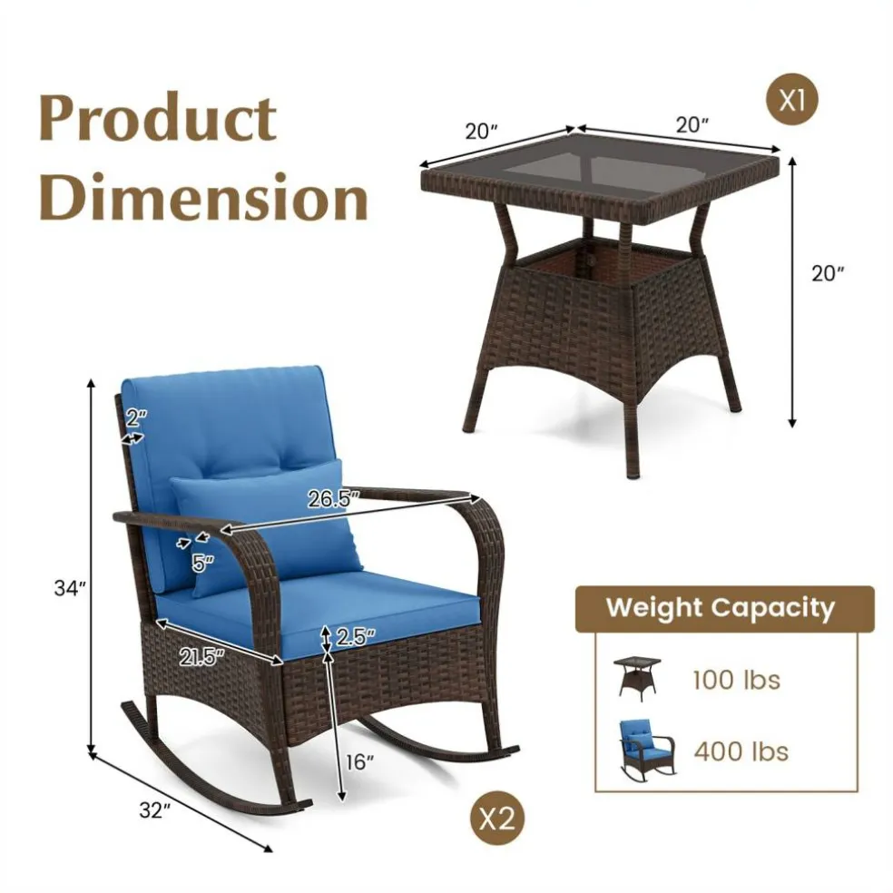 3 Piece Outdoor Rocking Set with Tempered Glass Coffee Table for Backyard Poolside