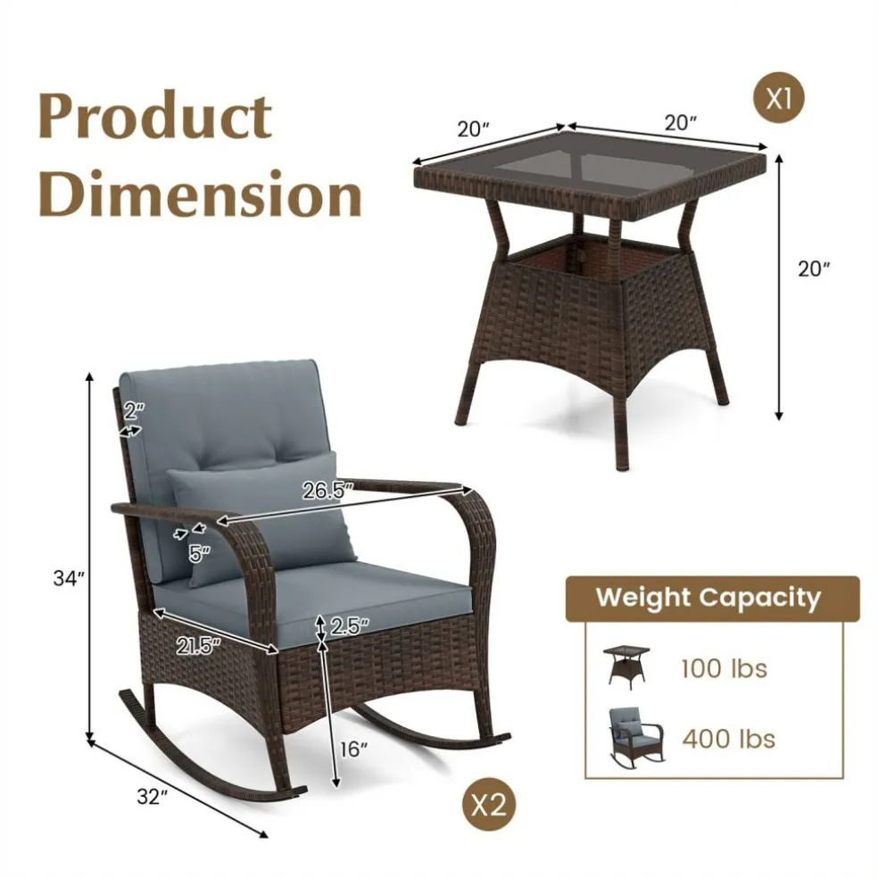3 Piece Outdoor Rocking Set with Tempered Glass Coffee Table for Backyard Poolside