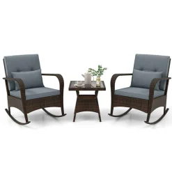 3 Piece Outdoor Rocking Set with Tempered Glass Coffee Table for Backyard Poolside