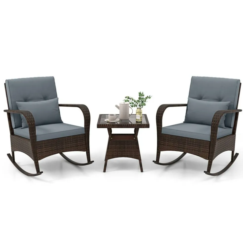 3 Piece Outdoor Rocking Set with Tempered Glass Coffee Table for Backyard Poolside
