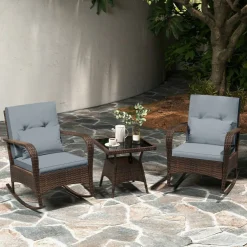 3 Piece Outdoor Rocking Set with Tempered Glass Coffee Table for Backyard Poolside