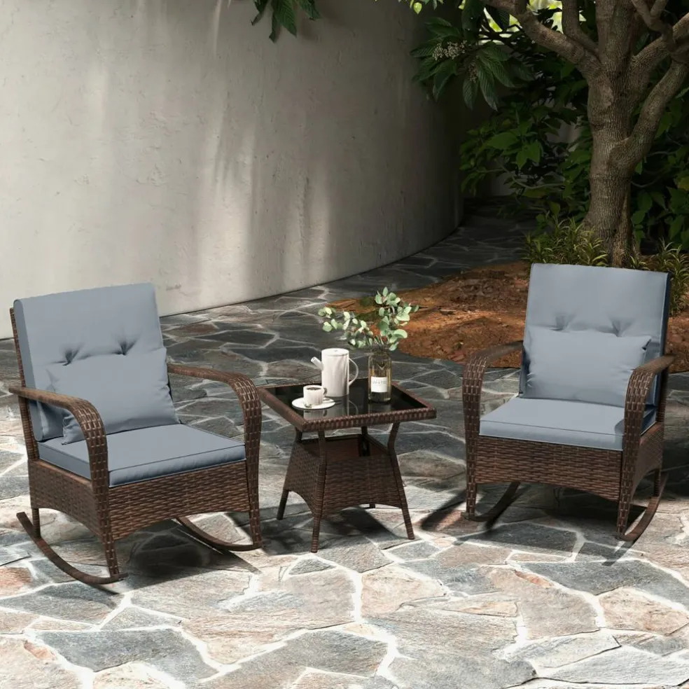 3 Piece Outdoor Rocking Set with Tempered Glass Coffee Table for Backyard Poolside