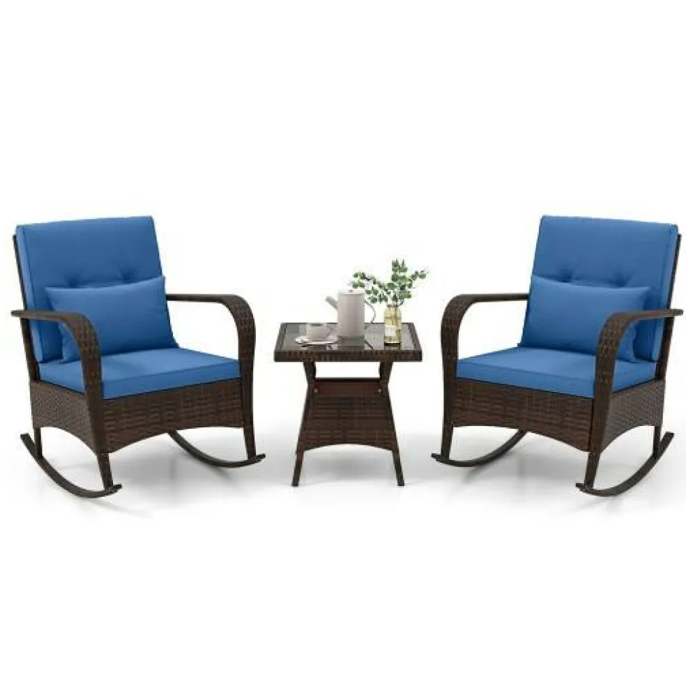 3 Piece Outdoor Rocking Set with Tempered Glass Coffee Table for Backyard Poolside