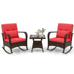 3 Piece Outdoor Rocking Set with Tempered Glass Coffee Table for Backyard Poolside