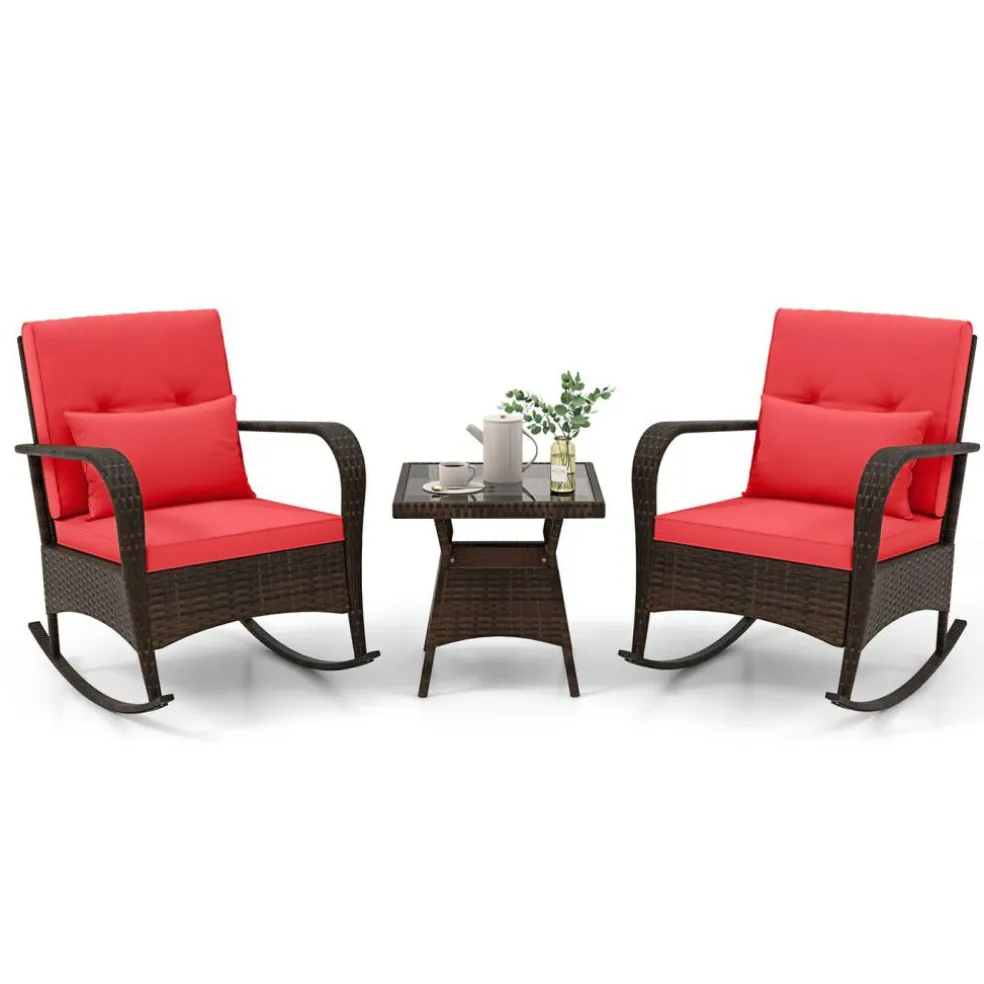 3 Piece Outdoor Rocking Set with Tempered Glass Coffee Table for Backyard Poolside