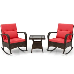 3 Piece Outdoor Rocking Set with Tempered Glass Coffee Table for Backyard Poolside