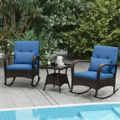 3 Piece Outdoor Rocking Set with Tempered Glass Coffee Table for Backyard Poolside