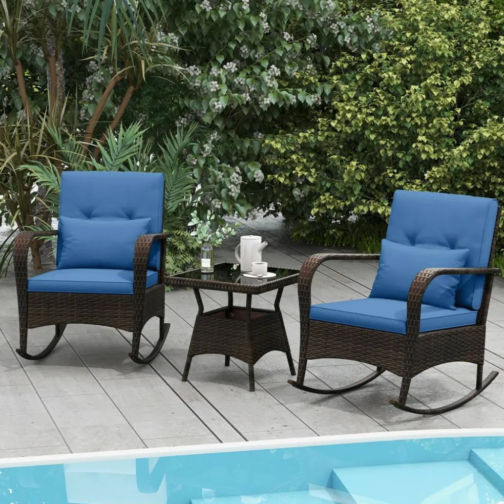 3 Piece Outdoor Rocking Set with Tempered Glass Coffee Table for Backyard Poolside