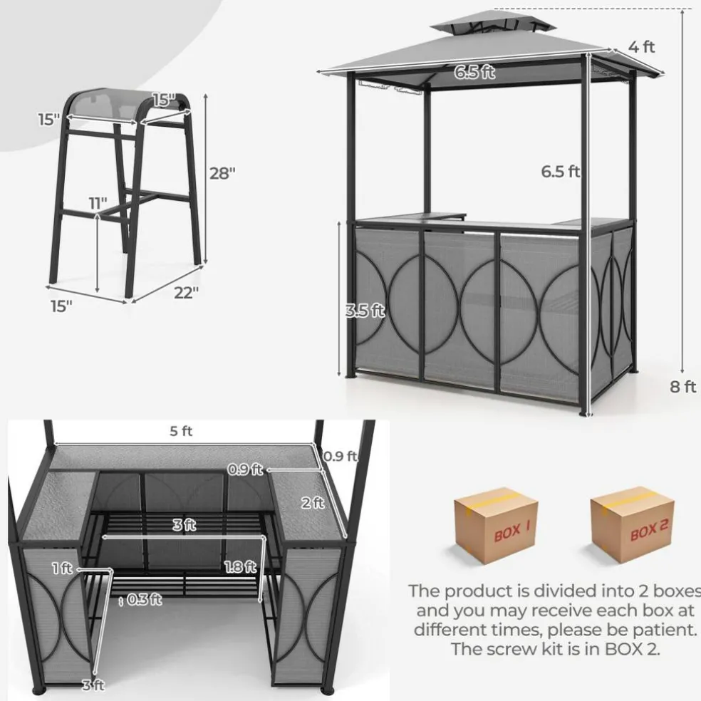 3-Piece Patio Bar Set Grill Gazebo & 2 Bar Stools with Tempered Glass Bar Table