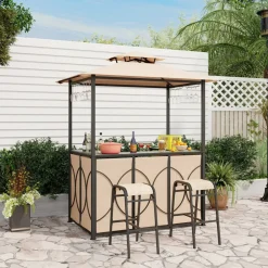3-Piece Patio Bar Set Grill Gazebo & 2 Bar Stools with Tempered Glass Bar Table